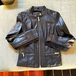 MICHAEL KORS Black leather zip up jacket.